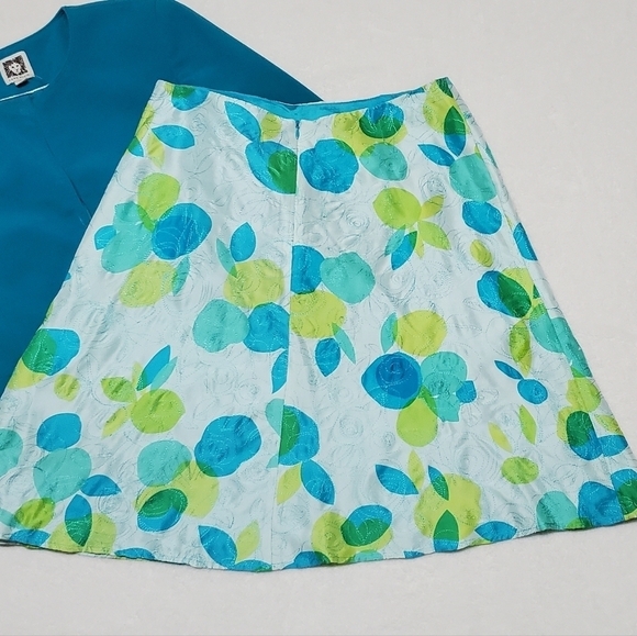 VINTAGE 90s Anne Klein Turquoise Blazer Abstract Silk A-line Skirt Set Outfit - Picture 6 of 16